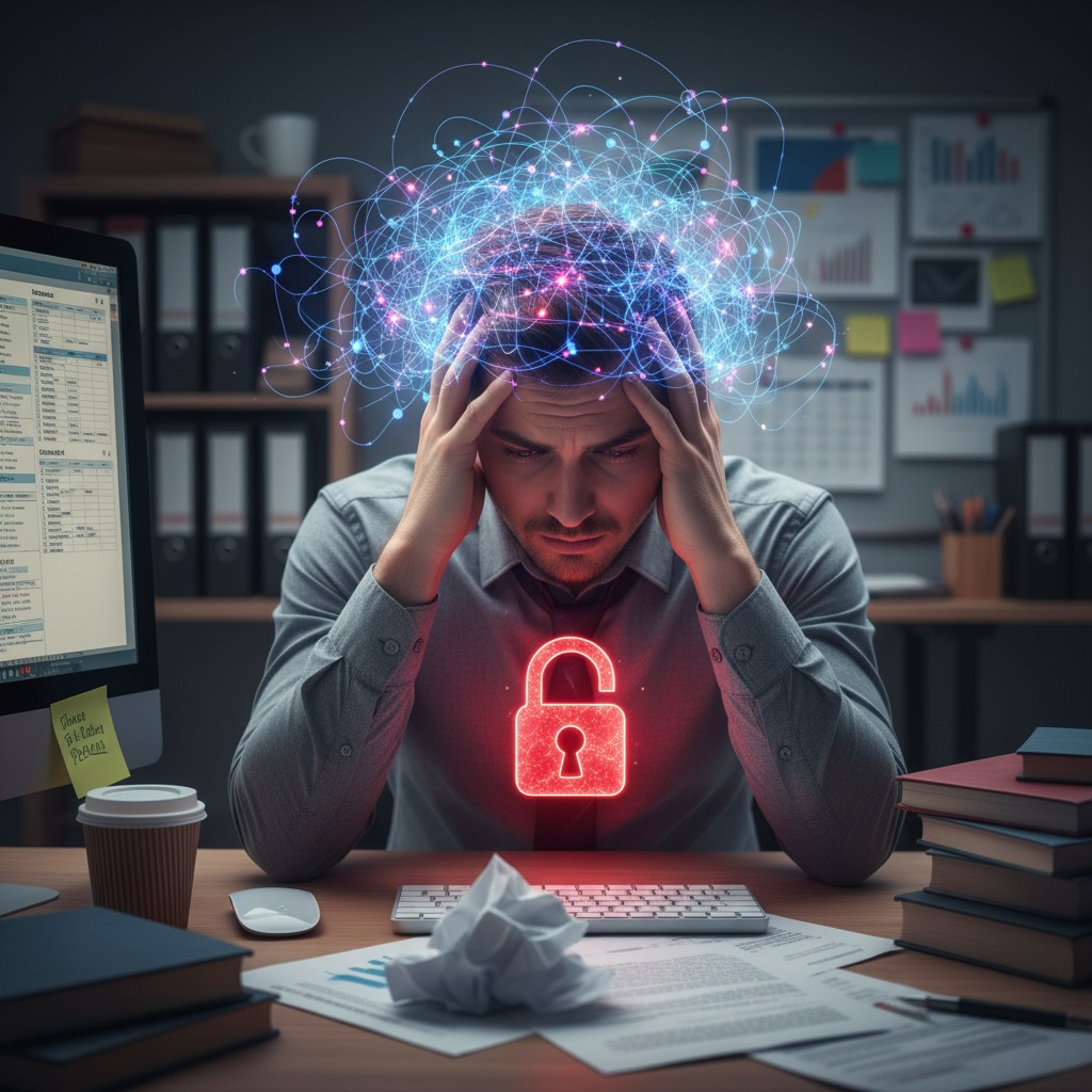 Un impiegato stressato siede alla scrivania con le mani sulla testa, circondato da un groviglio di connessioni digitali luminose e un'icona di lucchetto rosso brillante sul petto.