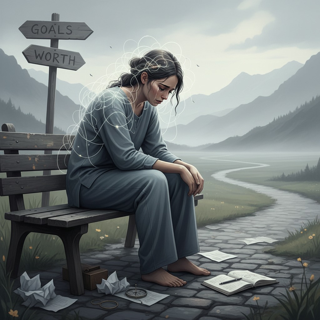 Una donna triste siede su una panchina accanto a un cartello con le scritte "Goals" e "Worth", circondata da fogli sparsi e un sentiero che attraversa un paesaggio montano.