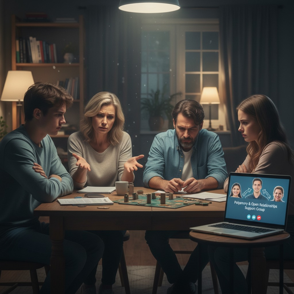 Quattro persone siedono attorno a un tavolo in una stanza poco illuminata, discutendo seriamente mentre un computer portatile mostra una videochiamata di un gruppo di supporto per relazioni poliamorose.