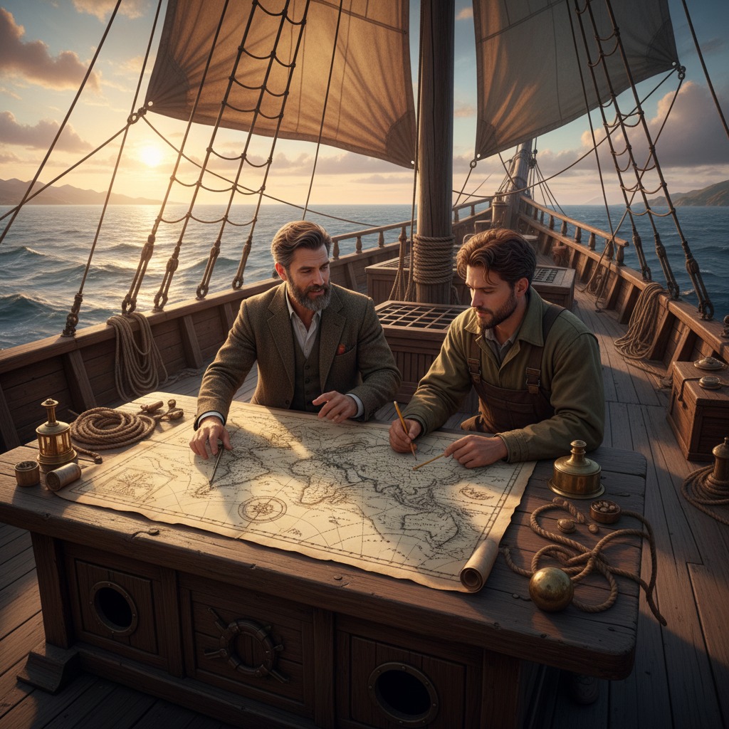 Due uomini studiano una mappa del mondo su un tavolo di legno a bordo di una nave a vela durante il tramonto.